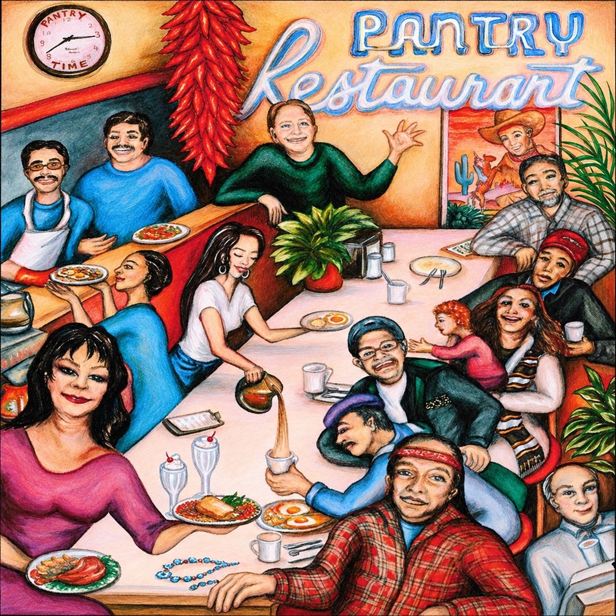 The dining room at The Pantry, painted full of regulars.